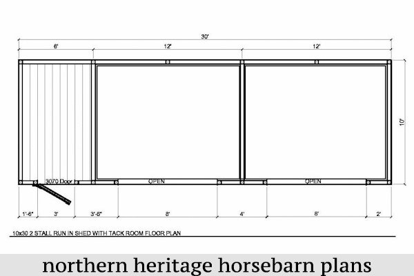 10x30 Run in/loafing Horse Barn Plan with added tack room bonus (2-10x12 stalls and 1-10x6 tack)