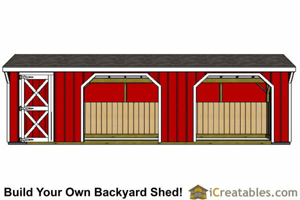 10x30 Run in/loafing Horse Barn Plan with added tack room bonus (2-10x12 stalls and 1-10x6 tack)