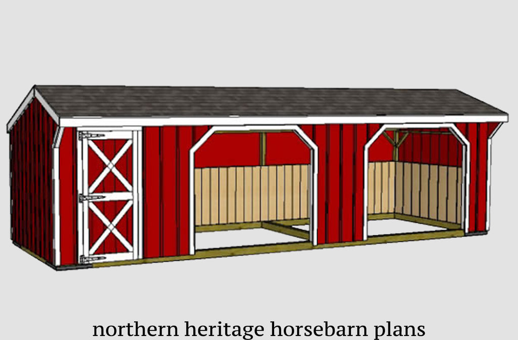 10x30 Run in/loafing Horse Barn Plan with added tack room bonus (2-10x12 stalls and 1-10x6 tack)