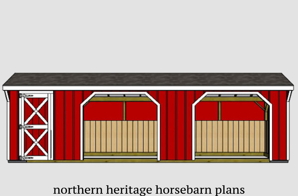 10x30 Run in/loafing Horse Barn Plan with added tack room bonus (2-10x12 stalls and 1-10x6 tack)