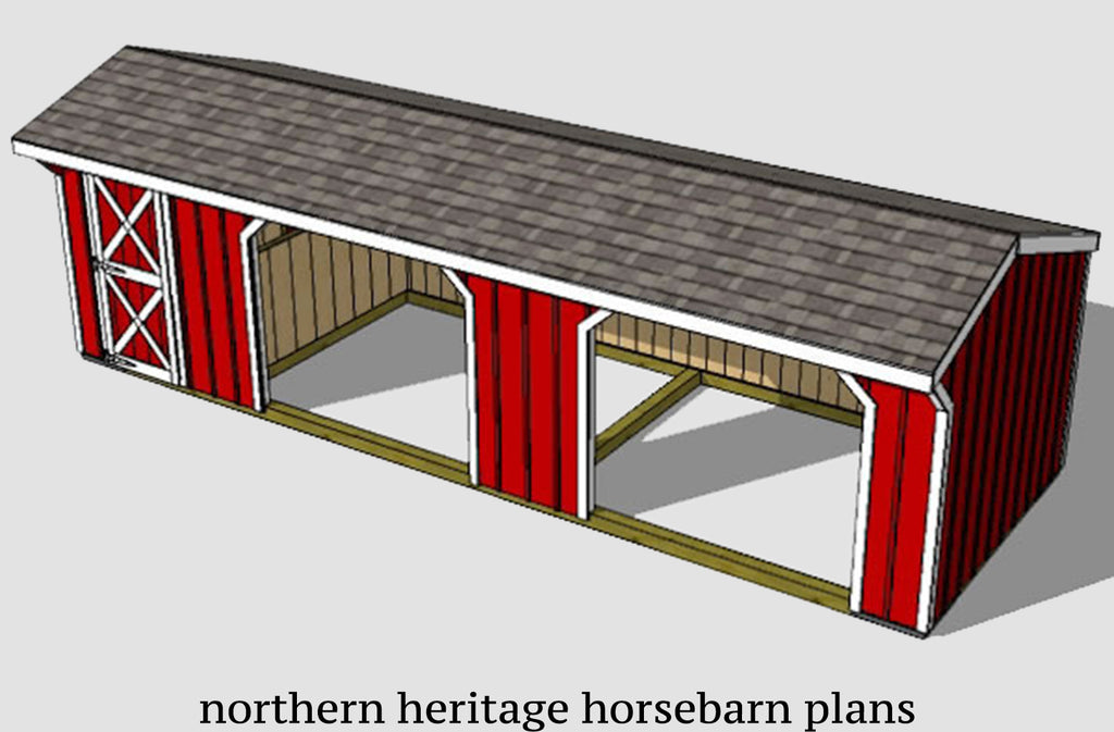 10x30 Run in/loafing Horse Barn Plan with added tack room bonus (2-10x12 stalls and 1-10x6 tack)