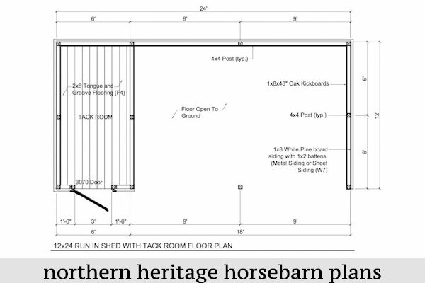 12x24 Run in/loafing Horse Barn Plan with added tack room bonus