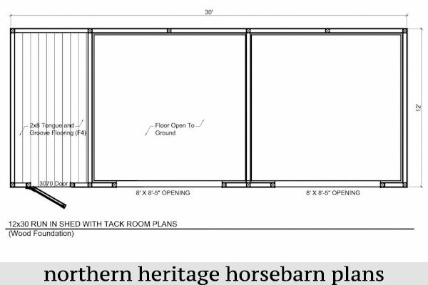 12x30 Run in/loafing Horse Barn Plan with added tack room bonus (2-12x12 stalls and 1-12x6 tack)