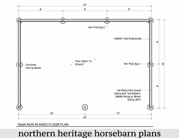 16x24 Run in/loafing Horse Barn Plan