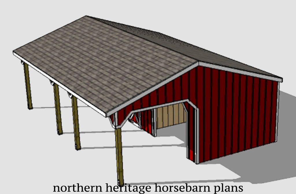 22x30 Lean to Run in/loafing horse barn plan with added tack room and bonus breezeway