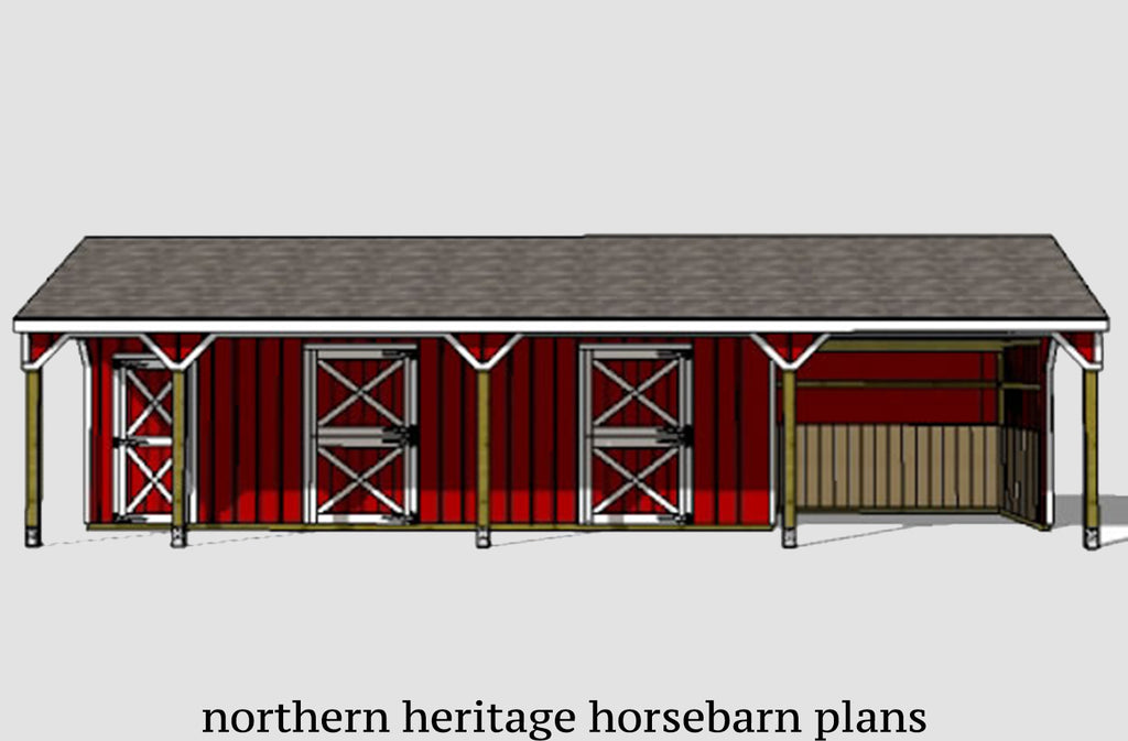 22x42 Horse Barn Plan with added tack room & attached Run In Barn/optional storage- 3 stall