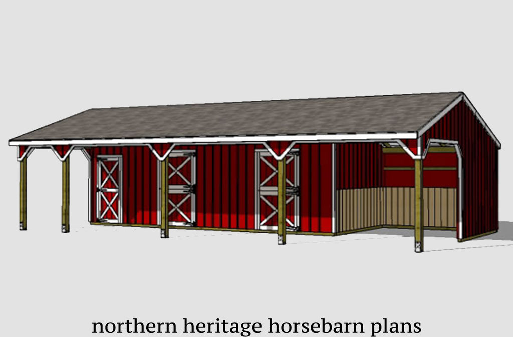 22x42 Horse Barn Plan with added tack room & attached Run In Barn/optional storage- 3 stall