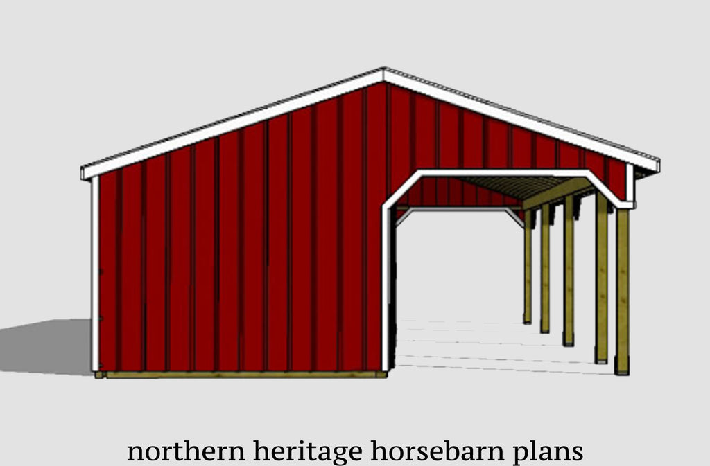 22x42 Horse Barn Plan with added tack room & attached Run In Barn/optional storage- 3 stall