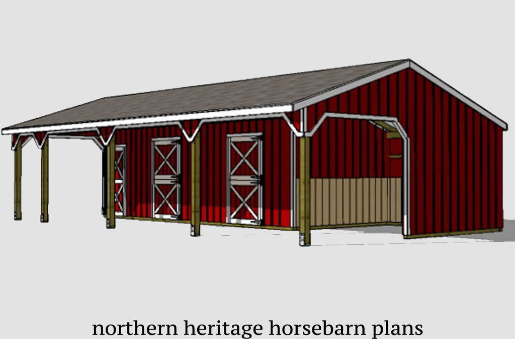 22x42 Horse Barn Plan with added tack room & attached Run In Barn/optional storage- 3 stall